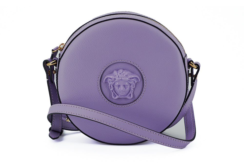 VERSACE Purple Calf Leather Round Disco Shoulder Bag