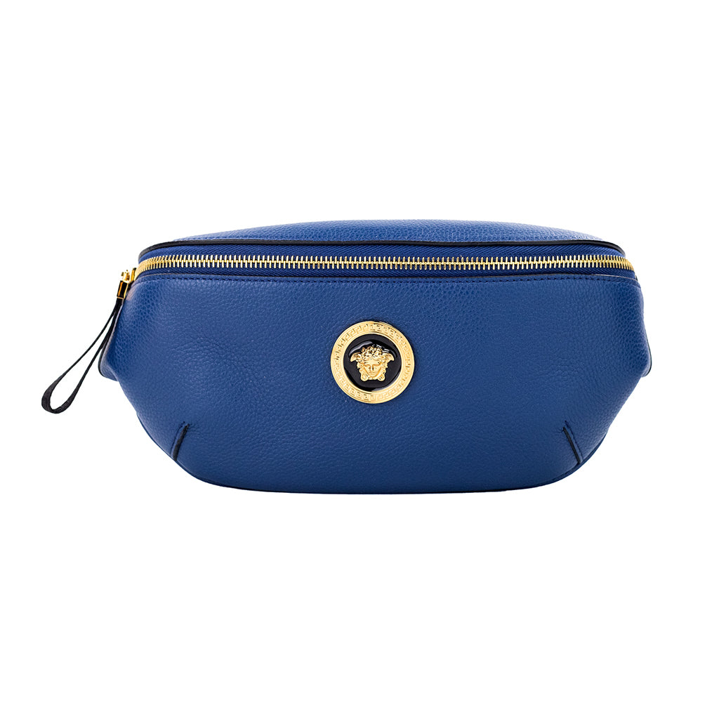 VERSACE Small Navy Calf Leather Medusa Pendant Fanny Waist Pack Belt Bag