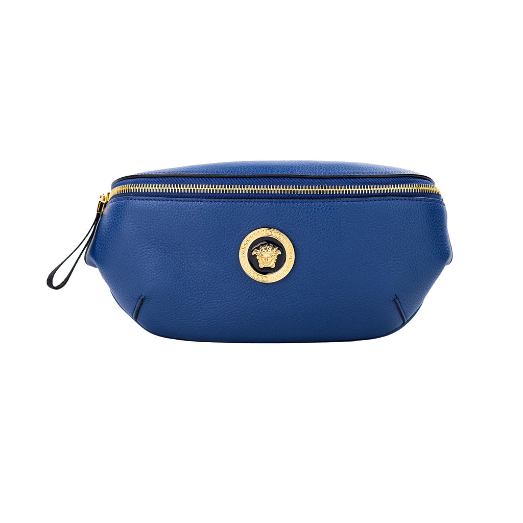 VERSACE Small Navy Calf Leather Medusa Pendant Fanny Waist Pack Belt Bag