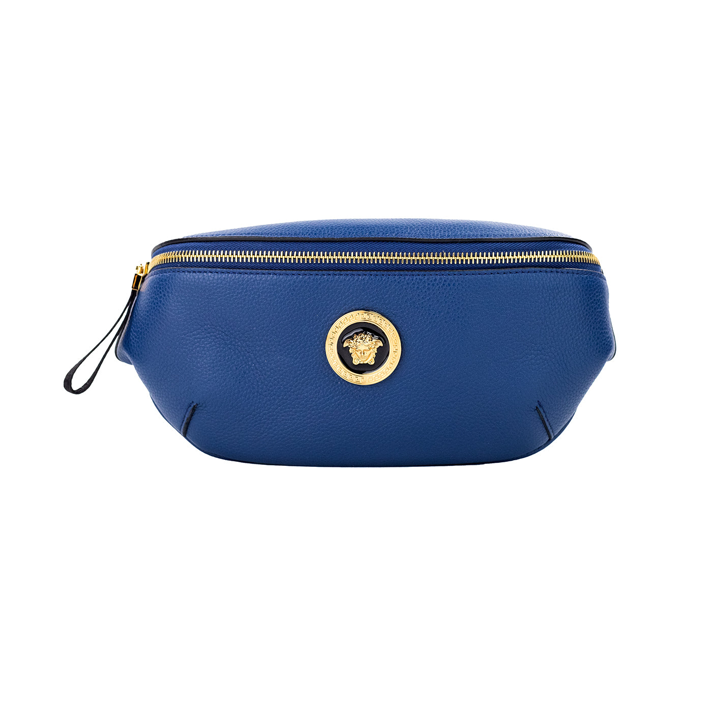 VERSACE Small Navy Calf Leather Medusa Pendant Fanny Waist Pack Belt Bag