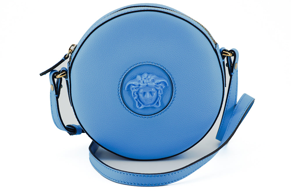 VERSACE Blue Calf Leather Round Disco Shoulder Bag