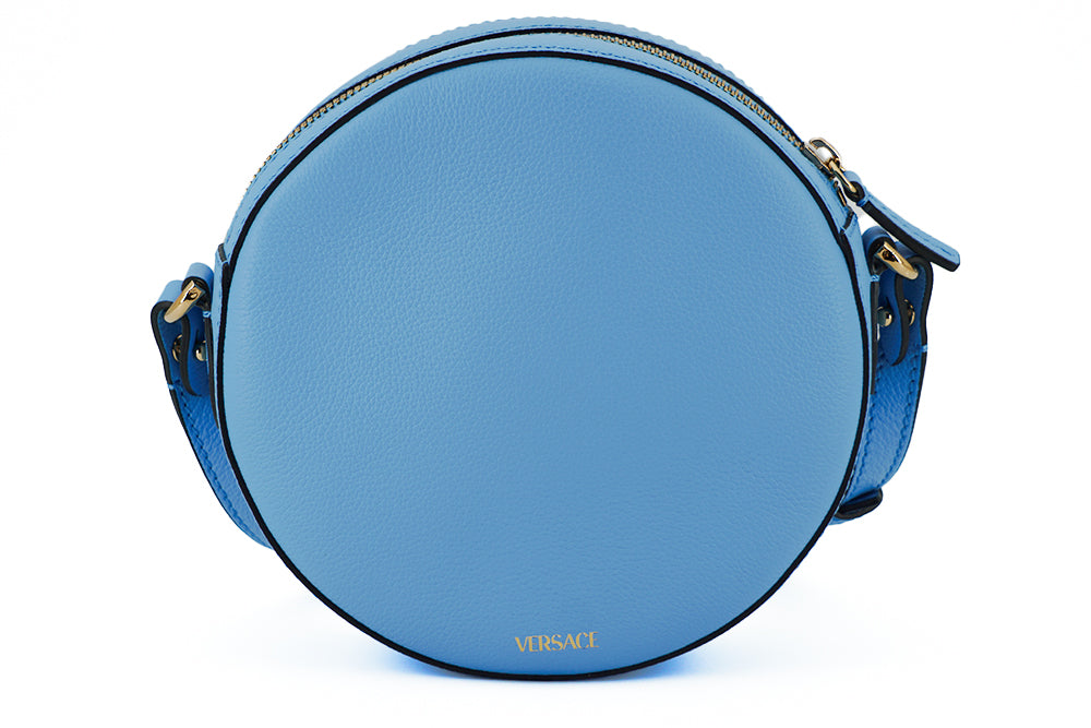 VERSACE Blue Calf Leather Round Disco Shoulder Bag