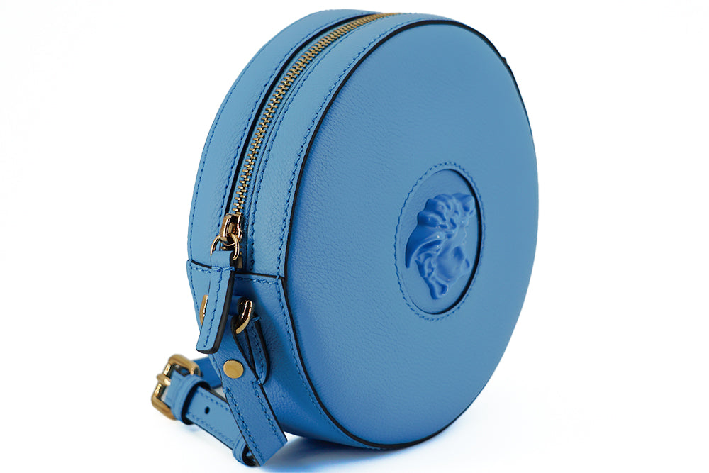 VERSACE Blue Calf Leather Round Disco Shoulder Bag