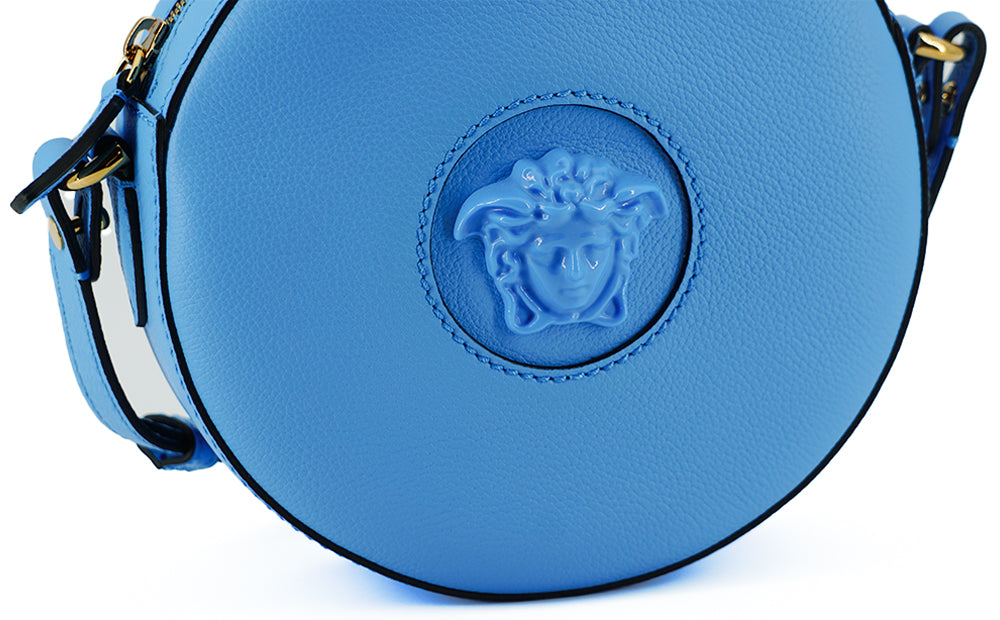 VERSACE Blue Calf Leather Round Disco Shoulder Bag