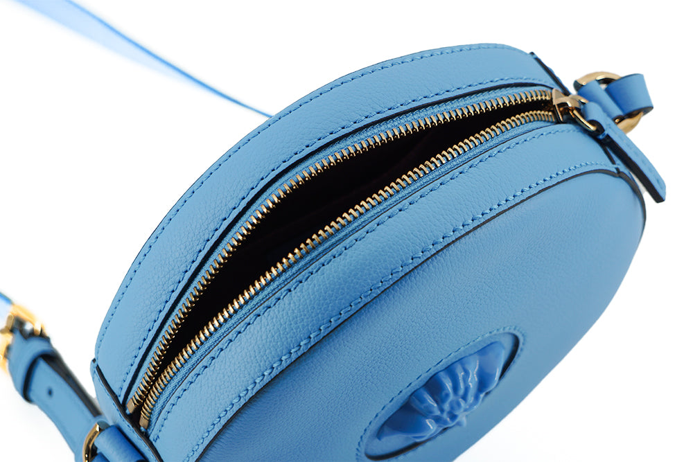 VERSACE Blue Calf Leather Round Disco Shoulder Bag