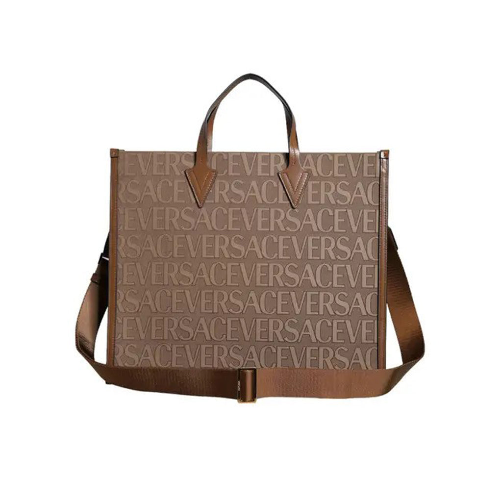 Versace Brown Top Handle Jacquard Leather Logo Crossbody Tote Bag