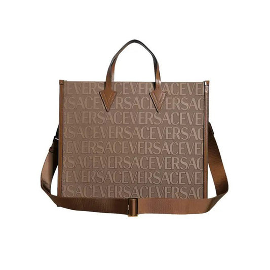 Versace Brown Top Handle Jacquard Leather Logo Crossbody Tote Bag