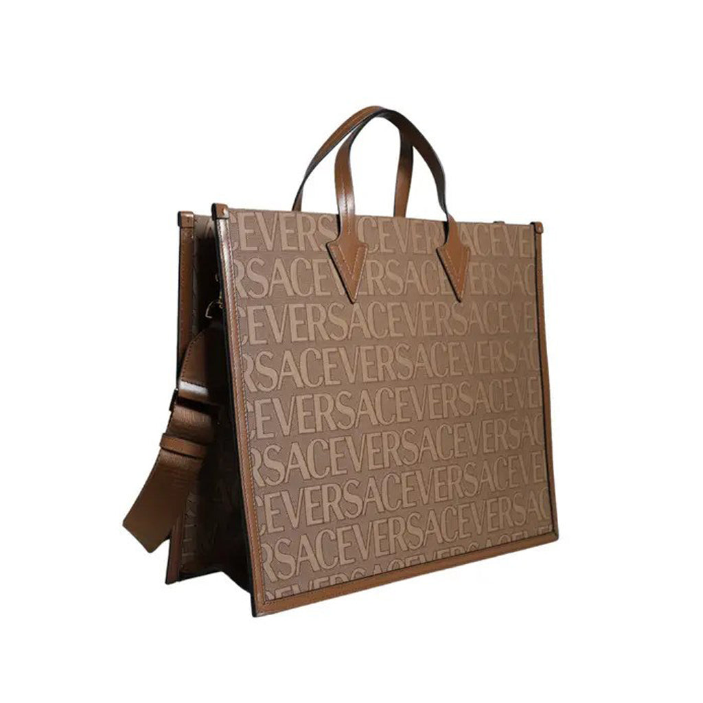 Versace Brown Top Handle Jacquard Leather Logo Crossbody Tote Bag
