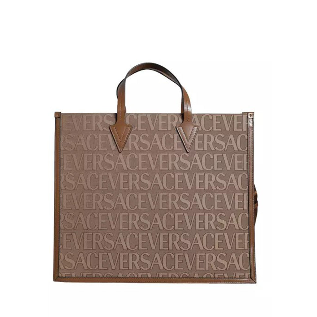 Versace Brown Top Handle Jacquard Leather Logo Crossbody Tote Bag