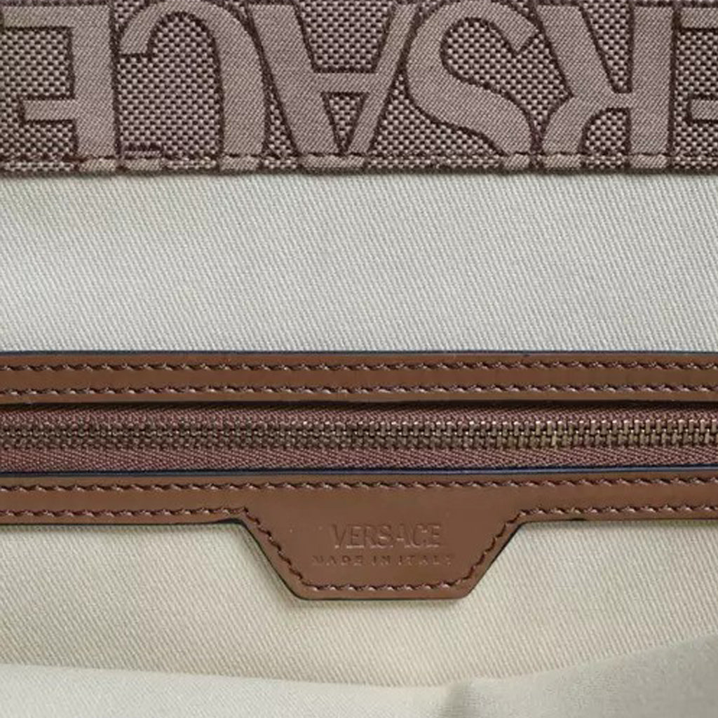 Versace Brown Top Handle Jacquard Leather Logo Crossbody Tote Bag