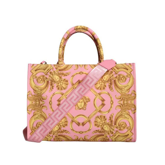 Versace Pink Printed Large Fabric Leather Shopping Tote Bag