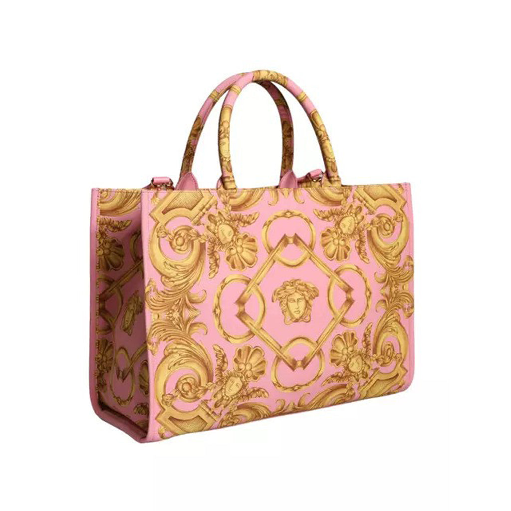 Versace Pink Printed Large Fabric Leather Shopping Tote Bag