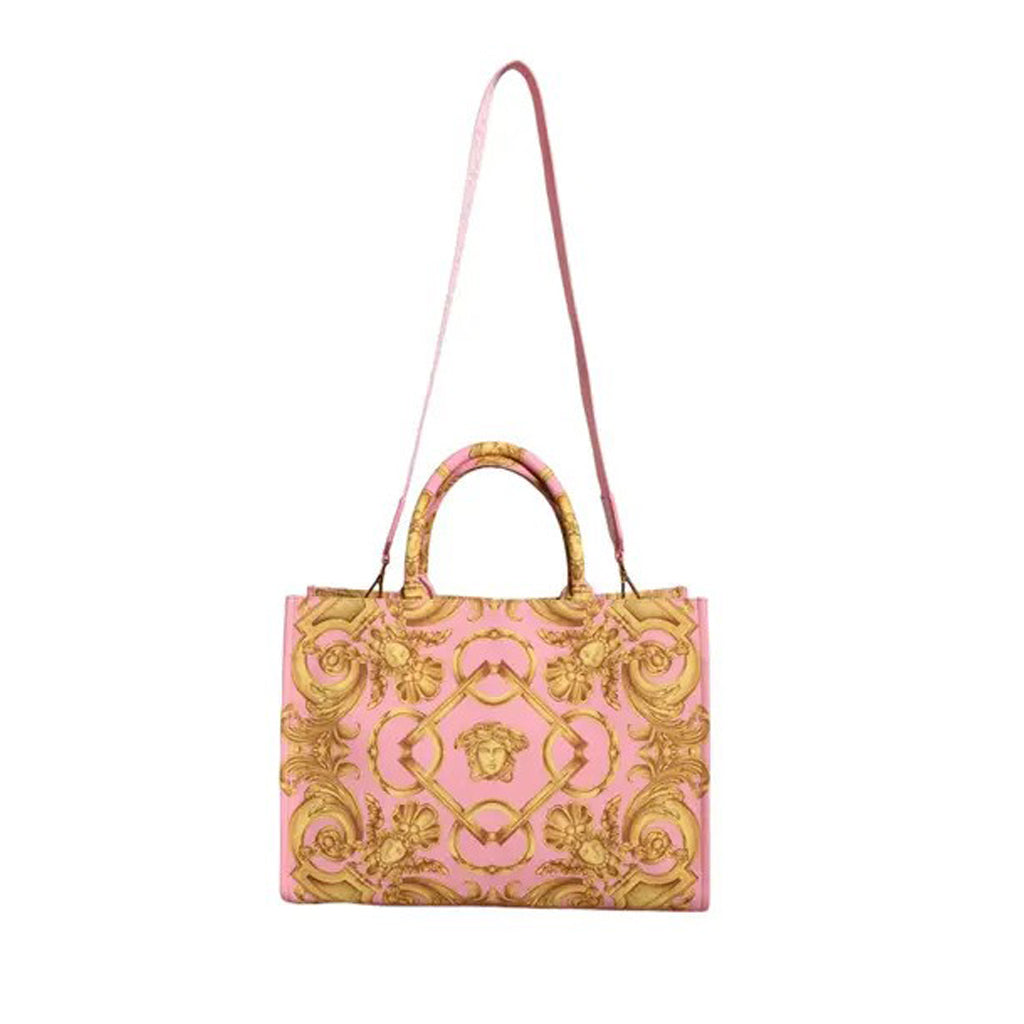 Versace Pink Printed Large Fabric Leather Shopping Tote Bag