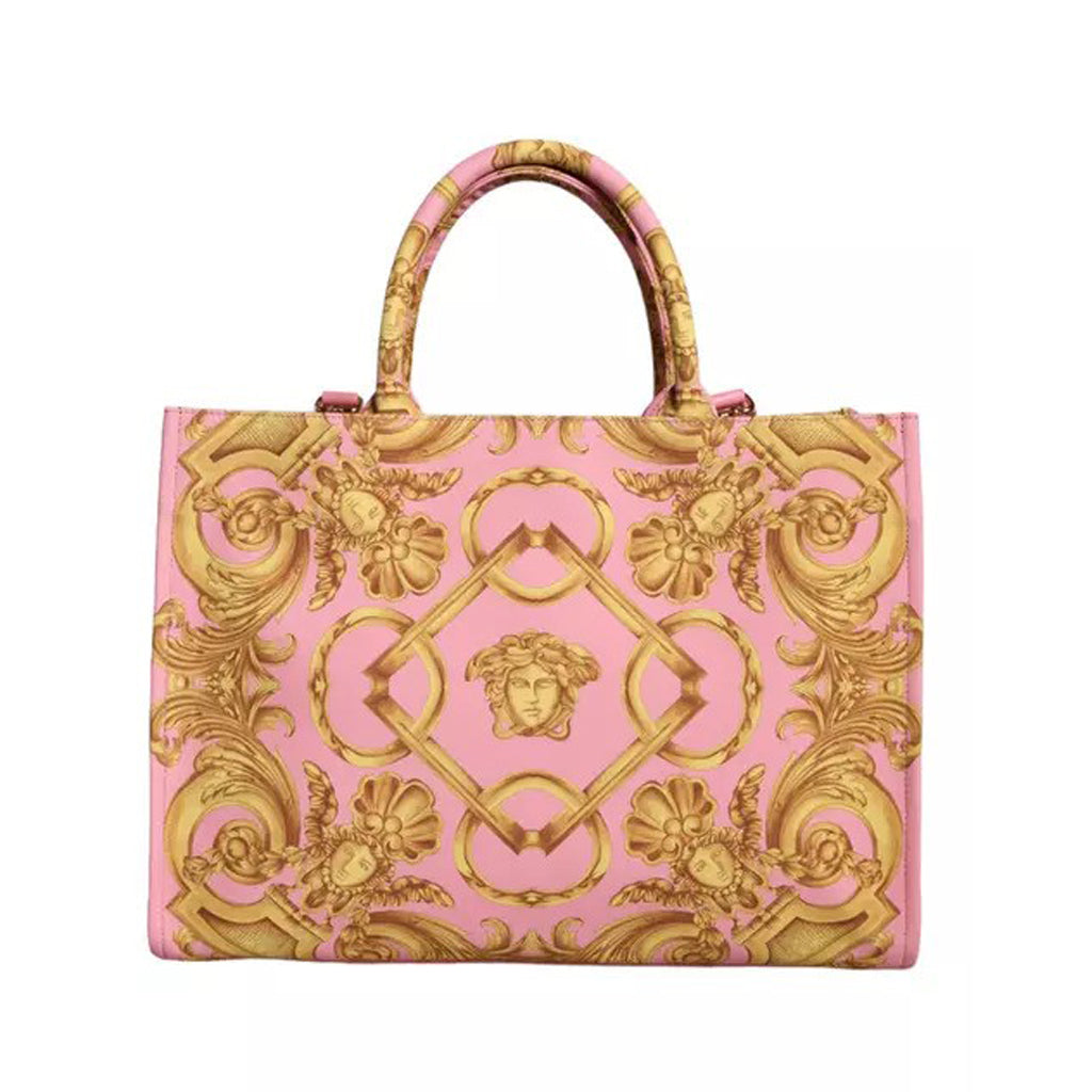 Versace Pink Printed Large Fabric Leather Shopping Tote Bag