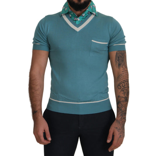 DOLCE & GABBANA Elegant Silk Polo Tee with Boat Collar Print