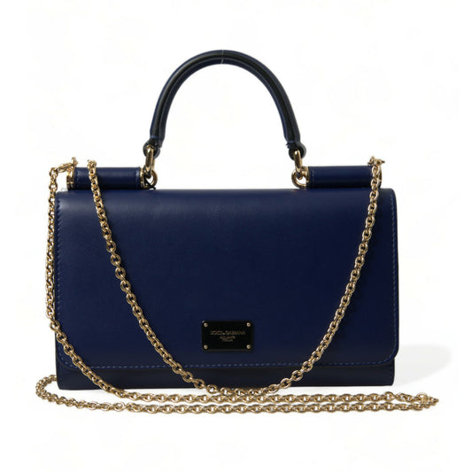DOLCE & GABBANA Elegant Blue Leather Phone Bag with Gold Accents