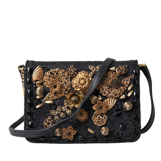 DOLCE & GABBANA Elegant Gold-Black Baroque Fabric Crossbody Bag