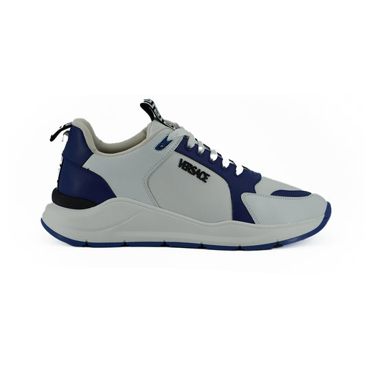 VERSACE Blue and White Calf Leather Sneakers